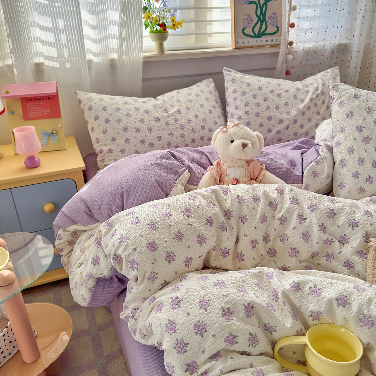 91家纺网 家纺一手货源 找家纺 优承佳生活馆 2026新款卡通小清新风格高克重超柔软糯泡芙双层纱面料三件套四件套单被套系列 （提供买家秀） 紫蔷薇