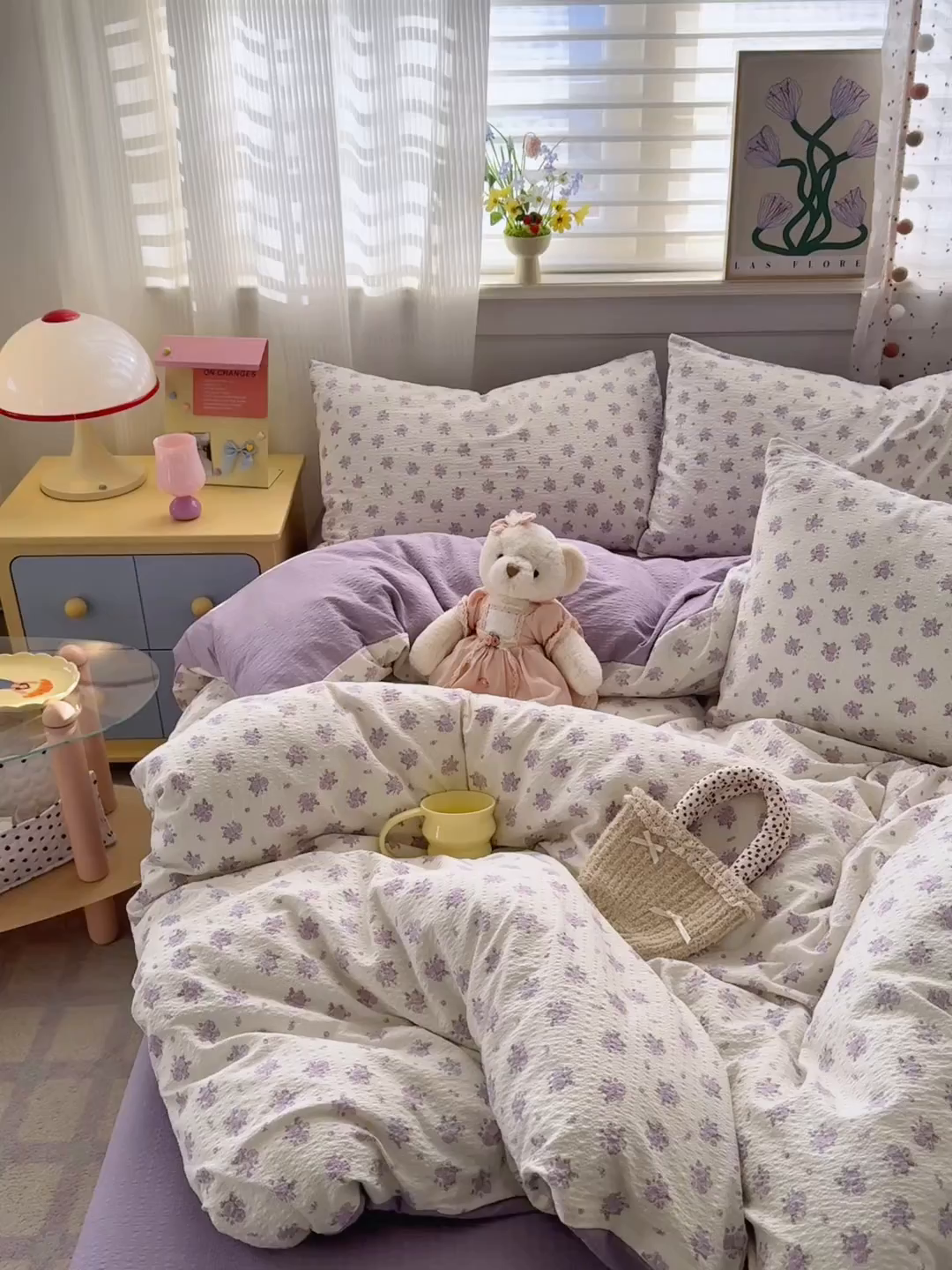 91家纺网 家纺一手货源 找家纺 优承佳生活馆 2026新款卡通小清新风格高克重超柔软糯泡芙双层纱面料三件套四件套单被套系列 （提供买家秀） 紫蔷薇