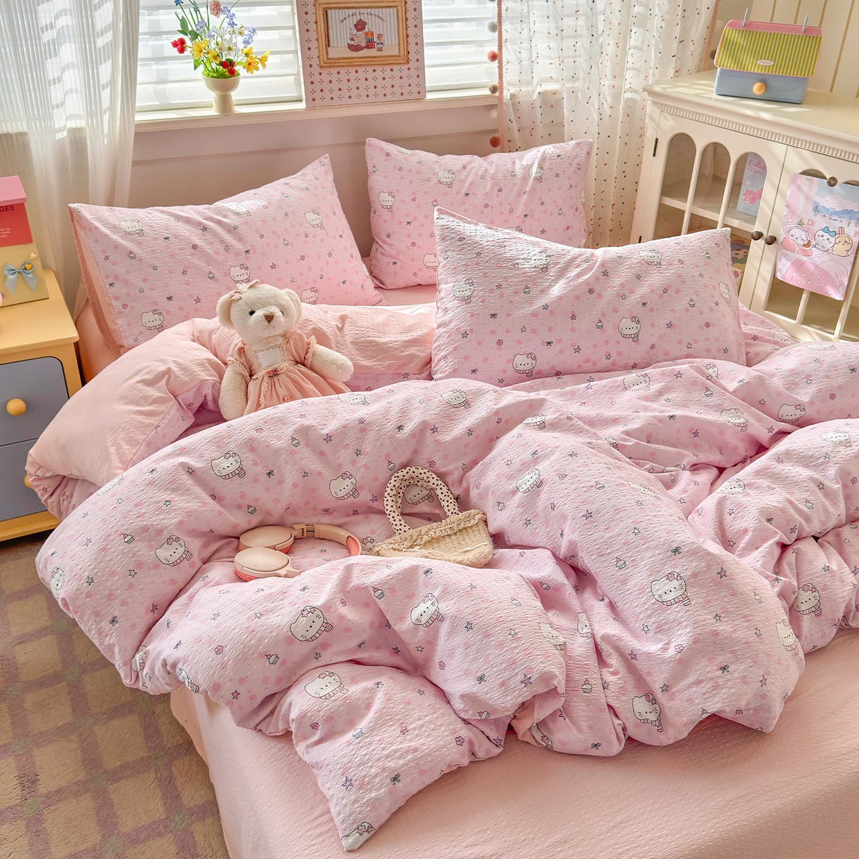 优承佳生活馆 2026新款卡通小清新风格高克重超柔软糯泡芙双层纱面料三件套四件套单被套系列 （提供买家秀） hello粉凯蒂