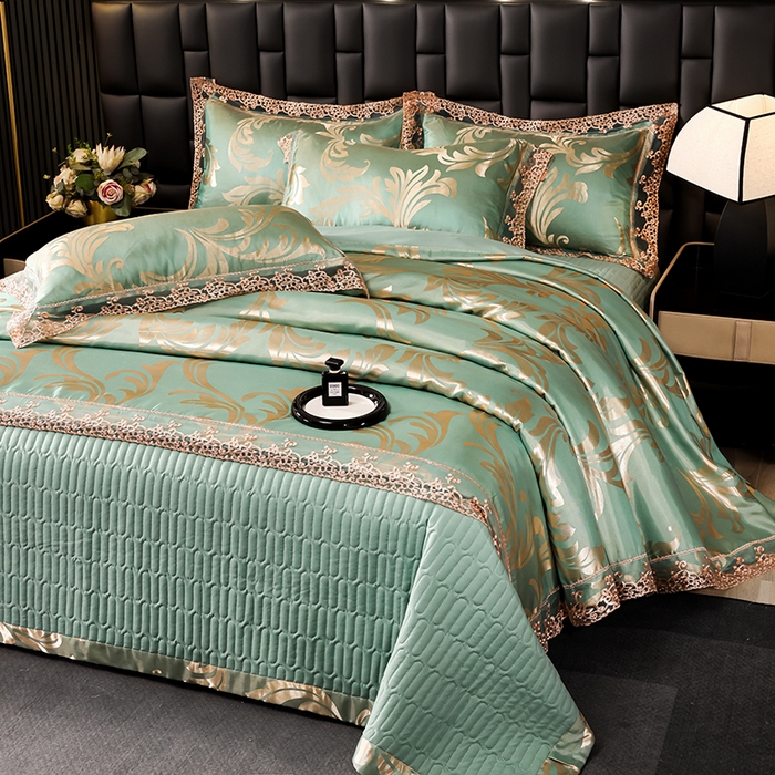 91家纺网 家纺一手货源 找家纺 （总）提花大世界 2026新款直播爆款水洗真丝天丝贡缎提花夹棉床盖花边四件套