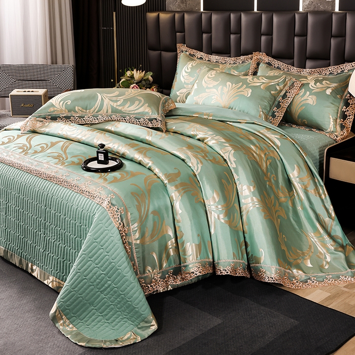 91家纺网 家纺一手货源 找家纺 （总）提花大世界 2026新款直播爆款水洗真丝天丝贡缎提花夹棉床盖花边四件套