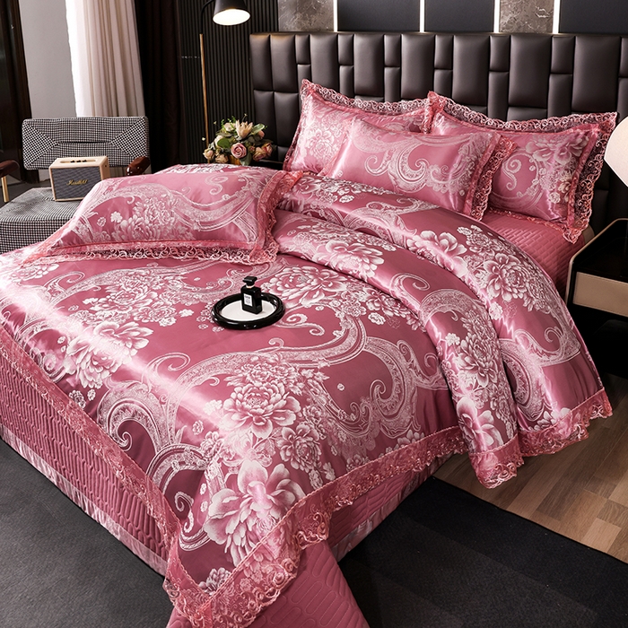 91家纺网 家纺一手货源 找家纺 （总）提花大世界 2026新款直播爆款水洗真丝天丝贡缎提花夹棉床盖花边四件套