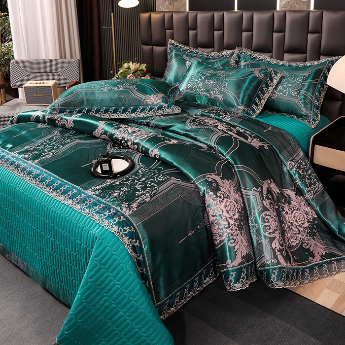 91家纺网 家纺一手货源 找家纺 （总）提花大世界 2026新款直播爆款水洗真丝天丝贡缎提花夹棉床盖花边四件套