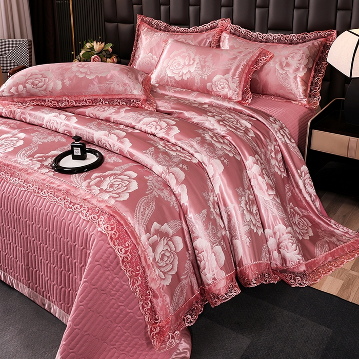 提花大世界 2026新款直播爆款水洗真丝天丝贡缎提花夹棉床盖花边四件套 波西花园-浅豆沙