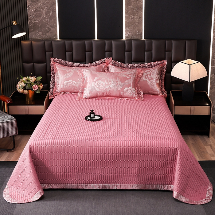 91家纺网 家纺一手货源 找家纺 提花大世界 2026新款直播爆款水洗真丝天丝贡缎提花夹棉床盖花边四件套 波西花园-浅豆沙