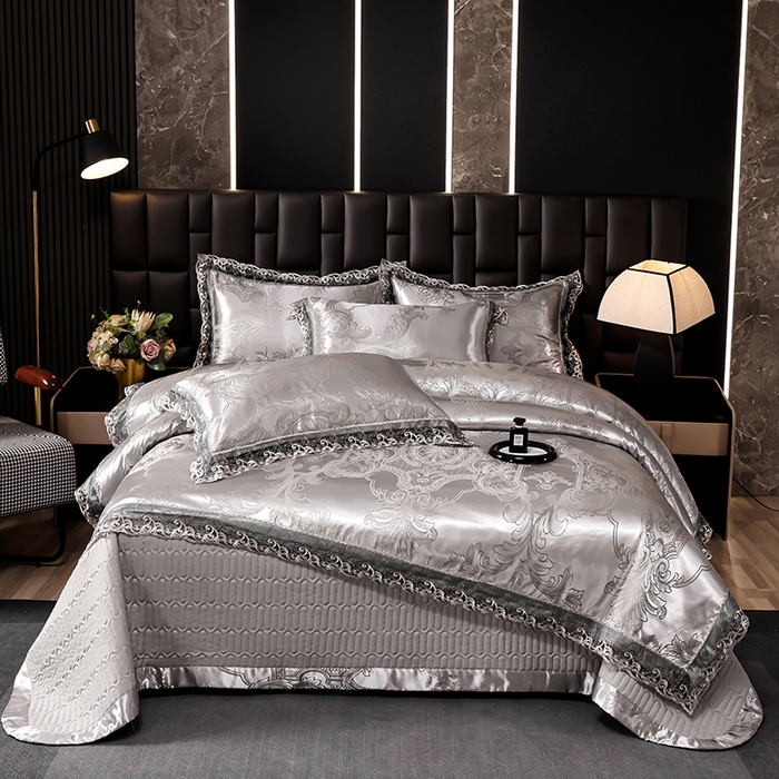 91家纺网 家纺一手货源 找家纺 提花大世界 2026新款直播爆款水洗真丝天丝贡缎提花夹棉床盖花边四件套 墨韵-金属灰