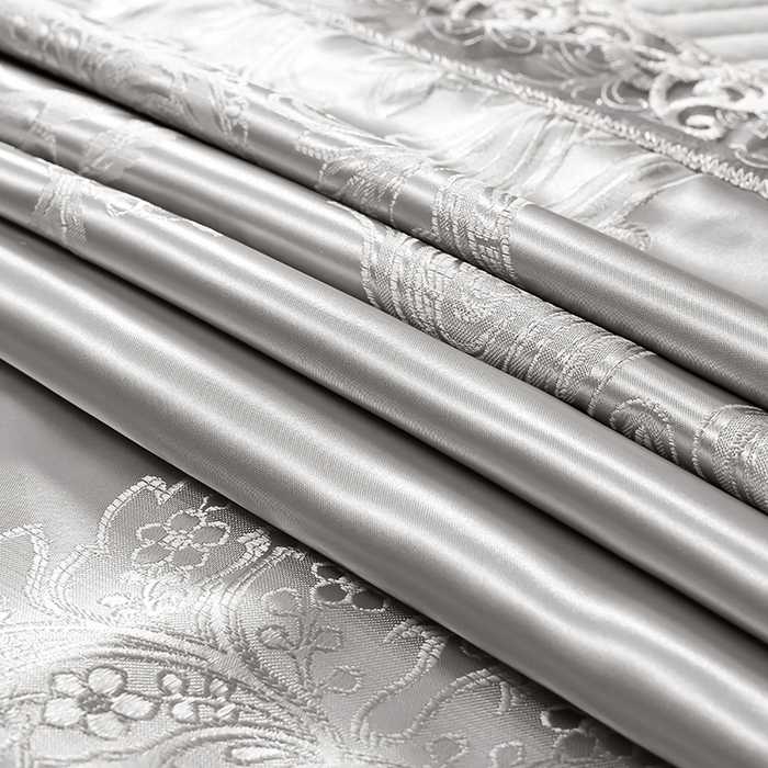91家纺网 家纺一手货源 找家纺 提花大世界 2026新款直播爆款水洗真丝天丝贡缎提花夹棉床盖花边四件套 墨韵-金属灰