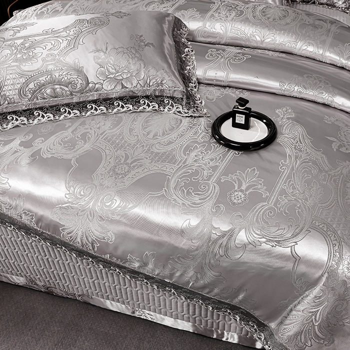 91家纺网 家纺一手货源 找家纺 提花大世界 2026新款直播爆款水洗真丝天丝贡缎提花夹棉床盖花边四件套 墨韵-金属灰