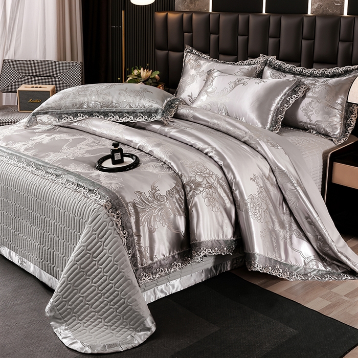 91家纺网 家纺一手货源 找家纺 提花大世界 2026新款直播爆款水洗真丝天丝贡缎提花夹棉床盖花边四件套 墨韵-金属灰