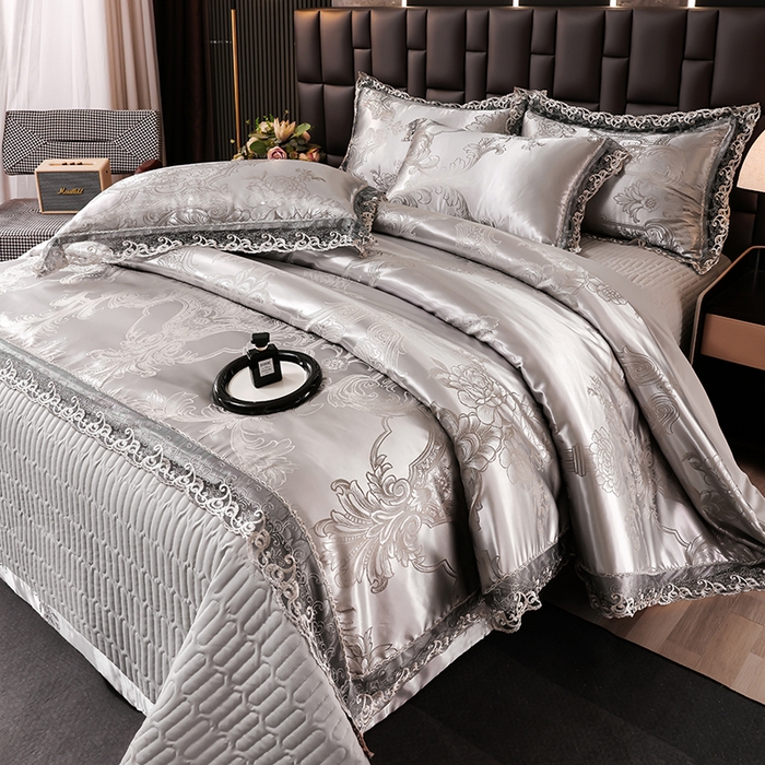 91家纺网 家纺一手货源 找家纺 提花大世界 2026新款直播爆款水洗真丝天丝贡缎提花夹棉床盖花边四件套 墨韵-金属灰