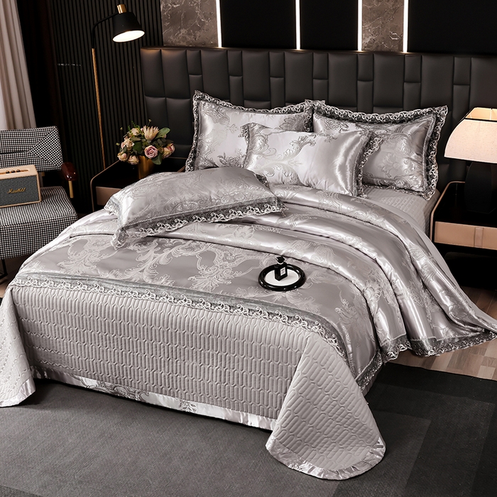 91家纺网 家纺一手货源 找家纺 提花大世界 2026新款直播爆款水洗真丝天丝贡缎提花夹棉床盖花边四件套 墨韵-金属灰