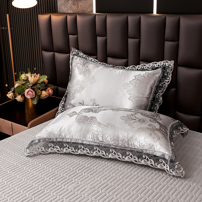 91家纺网 家纺一手货源 找家纺 提花大世界 2026新款直播爆款水洗真丝天丝贡缎提花夹棉床盖花边四件套 墨韵-金属灰