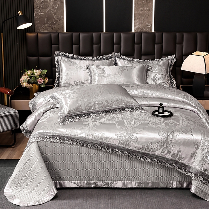 91家纺网 家纺一手货源 找家纺 提花大世界 2026新款直播爆款水洗真丝天丝贡缎提花夹棉床盖花边四件套 墨韵-金属灰