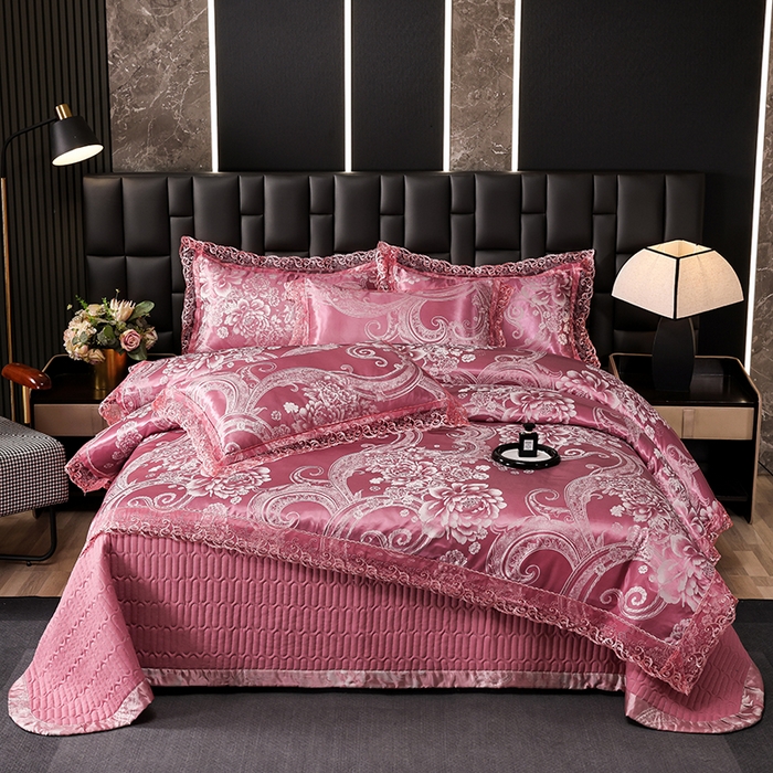 91家纺网 家纺一手货源 找家纺 提花大世界 2026新款直播爆款水洗真丝天丝贡缎提花夹棉床盖花边四件套 奈欧莎-深豆沙