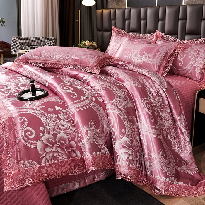 91家纺网 家纺一手货源 找家纺 提花大世界 2026新款直播爆款水洗真丝天丝贡缎提花夹棉床盖花边四件套 奈欧莎-深豆沙