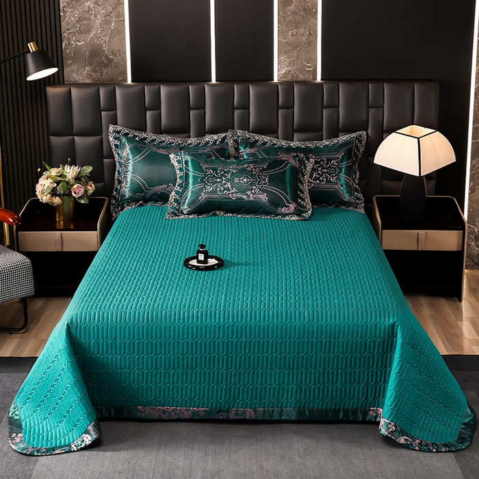 91家纺网 家纺一手货源 找家纺 提花大世界 2026新款直播爆款水洗真丝天丝贡缎提花夹棉床盖花边四件套 雅布洛-祖母绿