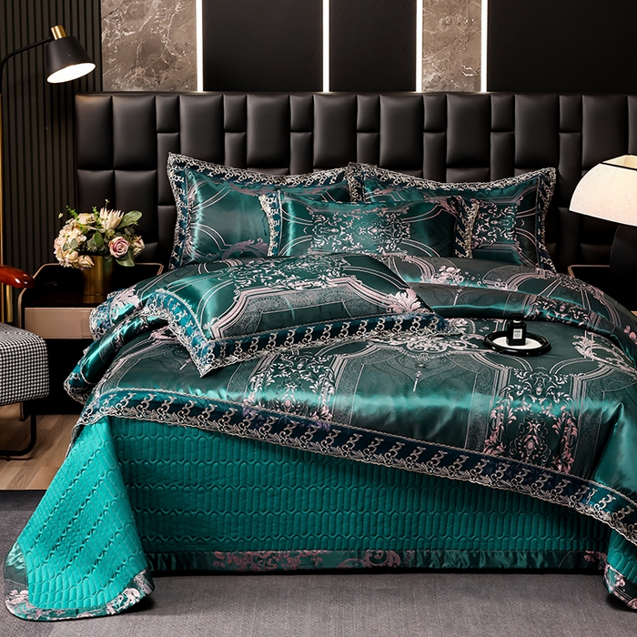 91家纺网 家纺一手货源 找家纺 提花大世界 2026新款直播爆款水洗真丝天丝贡缎提花夹棉床盖花边四件套 雅布洛-祖母绿
