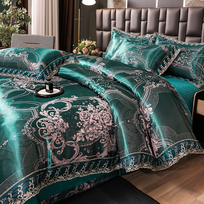 91家纺网 家纺一手货源 找家纺 提花大世界 2026新款直播爆款水洗真丝天丝贡缎提花夹棉床盖花边四件套 雅布洛-祖母绿