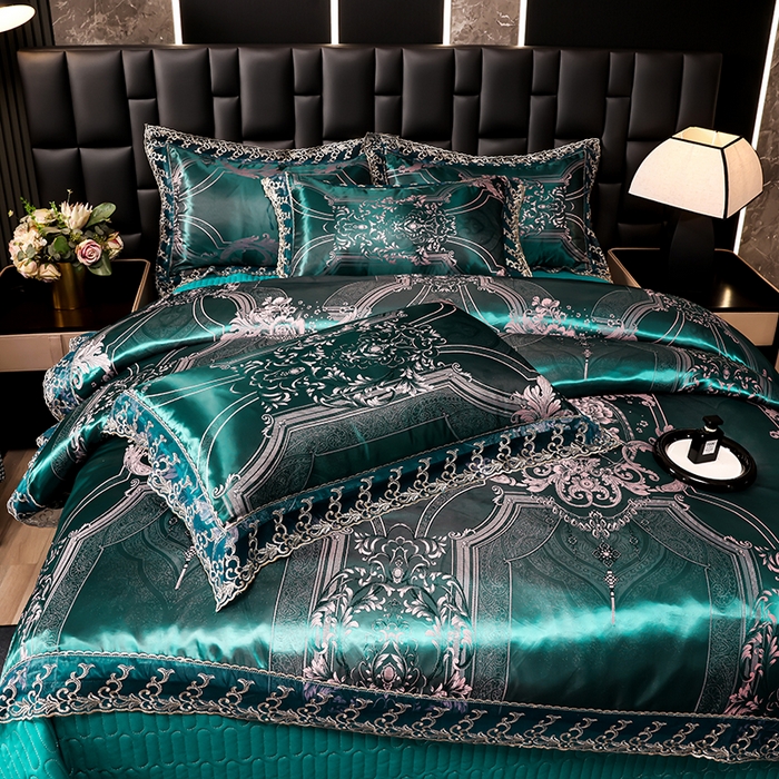 91家纺网 家纺一手货源 找家纺 提花大世界 2026新款直播爆款水洗真丝天丝贡缎提花夹棉床盖花边四件套 雅布洛-祖母绿