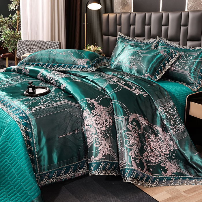 91家纺网 家纺一手货源 找家纺 提花大世界 2026新款直播爆款水洗真丝天丝贡缎提花夹棉床盖花边四件套 雅布洛-祖母绿