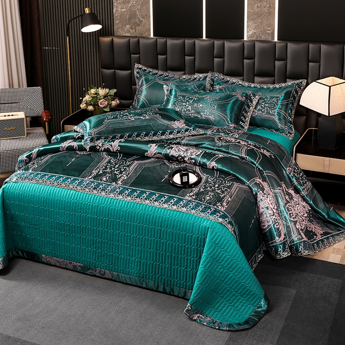 91家纺网 家纺一手货源 找家纺 提花大世界 2026新款直播爆款水洗真丝天丝贡缎提花夹棉床盖花边四件套 雅布洛-祖母绿