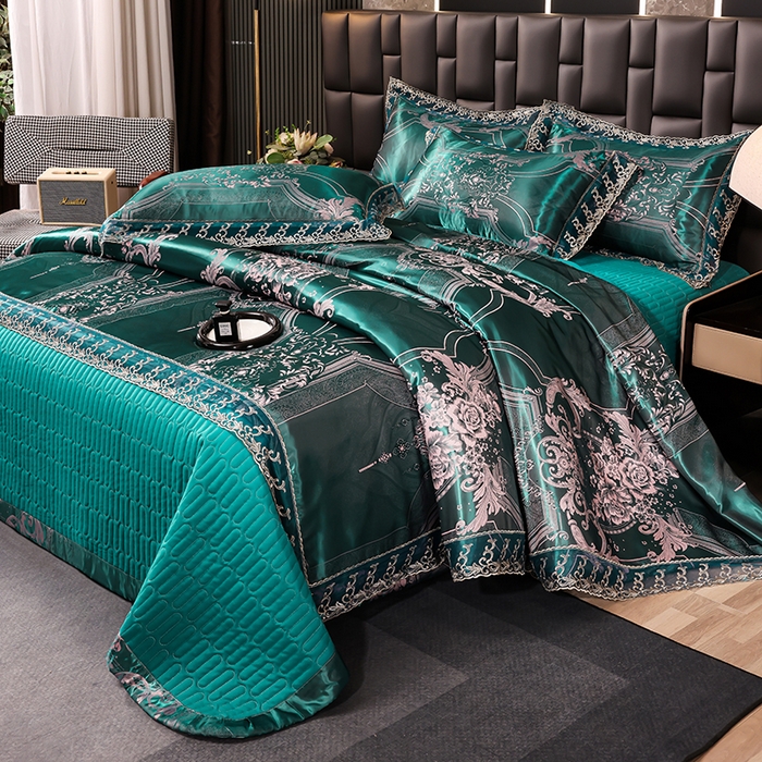 91家纺网 家纺一手货源 找家纺 提花大世界 2026新款直播爆款水洗真丝天丝贡缎提花夹棉床盖花边四件套 雅布洛-祖母绿