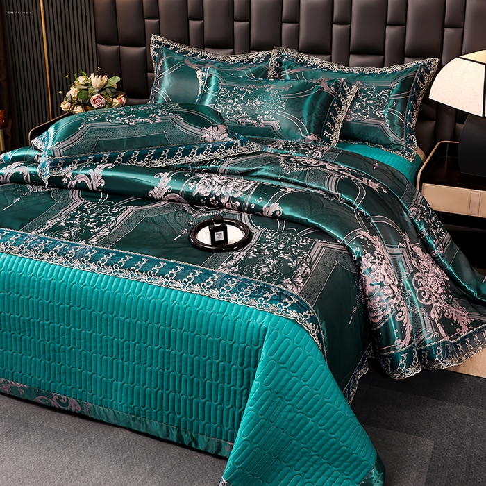 91家纺网 家纺一手货源 找家纺 提花大世界 2026新款直播爆款水洗真丝天丝贡缎提花夹棉床盖花边四件套 雅布洛-祖母绿