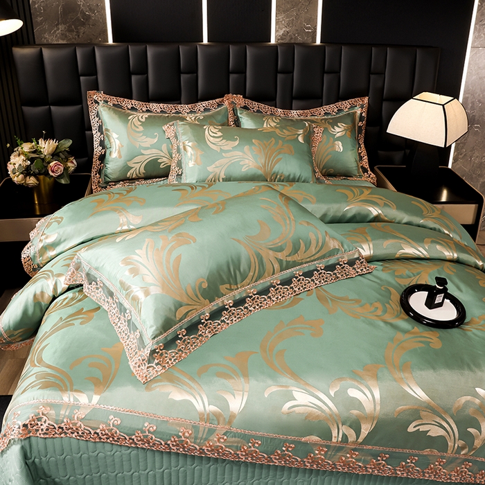 91家纺网 家纺一手货源 找家纺 提花大世界 2026新款直播爆款水洗真丝天丝贡缎提花夹棉床盖花边四件套 英伦时尚-绿