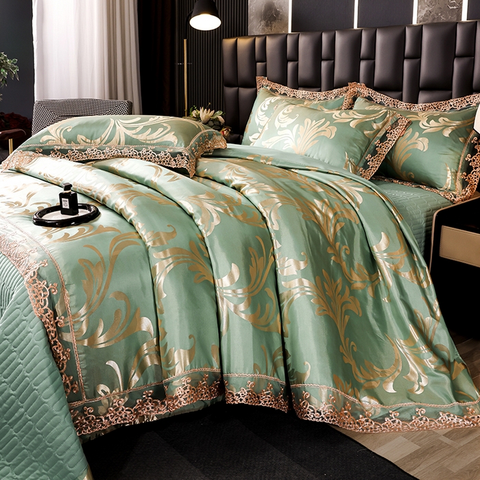 91家纺网 家纺一手货源 找家纺 提花大世界 2026新款直播爆款水洗真丝天丝贡缎提花夹棉床盖花边四件套 英伦时尚-绿