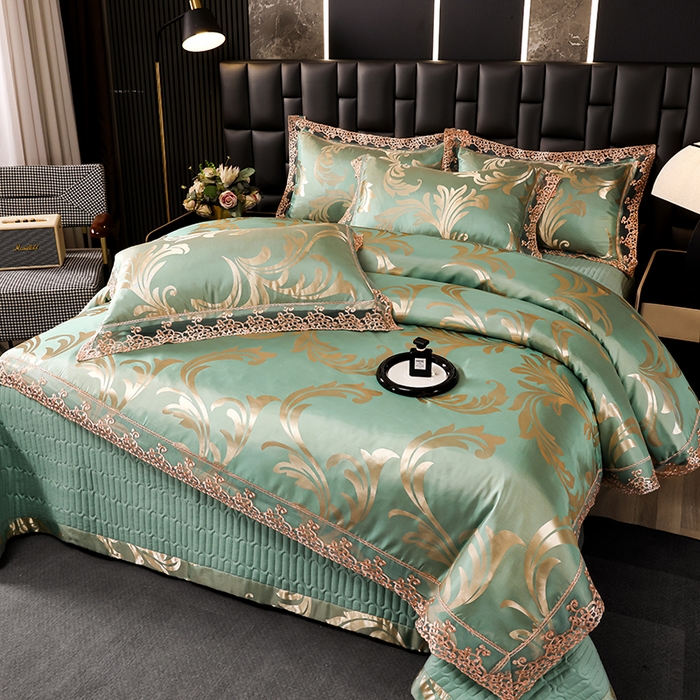 91家纺网 家纺一手货源 找家纺 提花大世界 2026新款直播爆款水洗真丝天丝贡缎提花夹棉床盖花边四件套 英伦时尚-绿