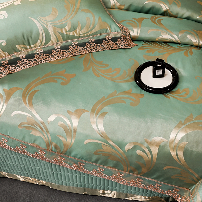 91家纺网 家纺一手货源 找家纺 提花大世界 2026新款直播爆款水洗真丝天丝贡缎提花夹棉床盖花边四件套 英伦时尚-绿