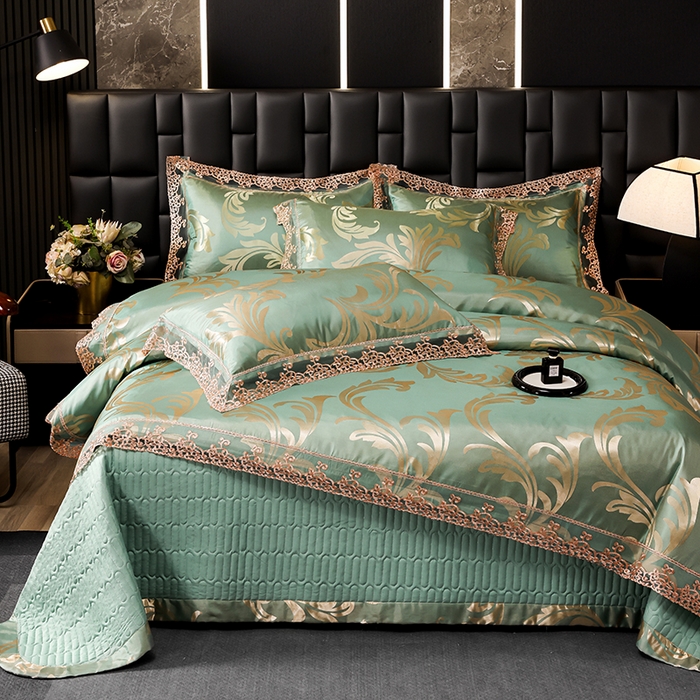 91家纺网 家纺一手货源 找家纺 提花大世界 2026新款直播爆款水洗真丝天丝贡缎提花夹棉床盖花边四件套 英伦时尚-绿