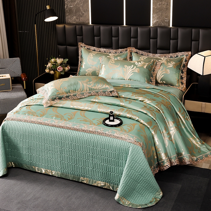 91家纺网 家纺一手货源 找家纺 提花大世界 2026新款直播爆款水洗真丝天丝贡缎提花夹棉床盖花边四件套 英伦时尚-绿
