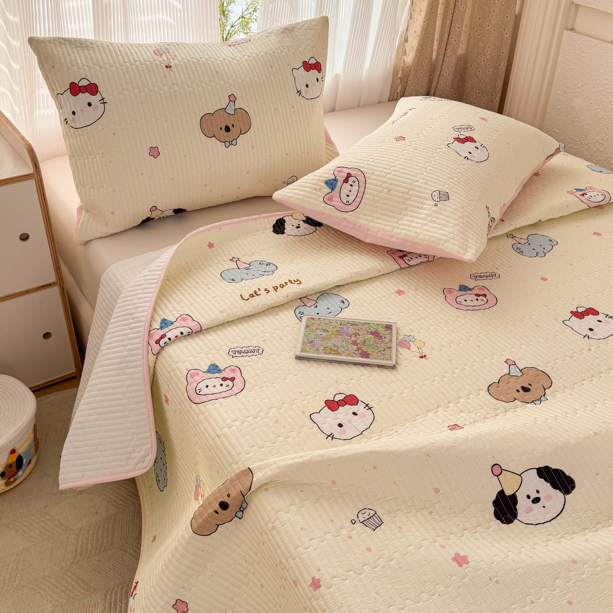 KA家纺 2026春夏新款小清新全棉纯棉印花床盖三件套-第一波 爱心小猫