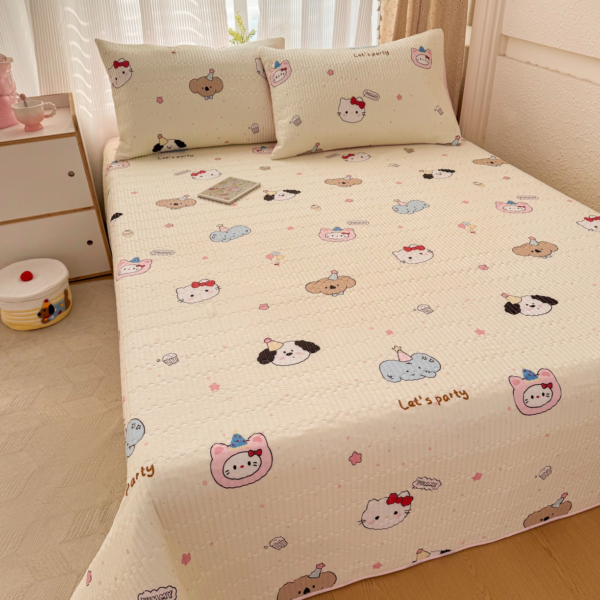 91家纺网 家纺一手货源 找家纺 KA家纺 2026春夏新款小清新全棉纯棉印花床盖三件套-第一波 爱心小猫