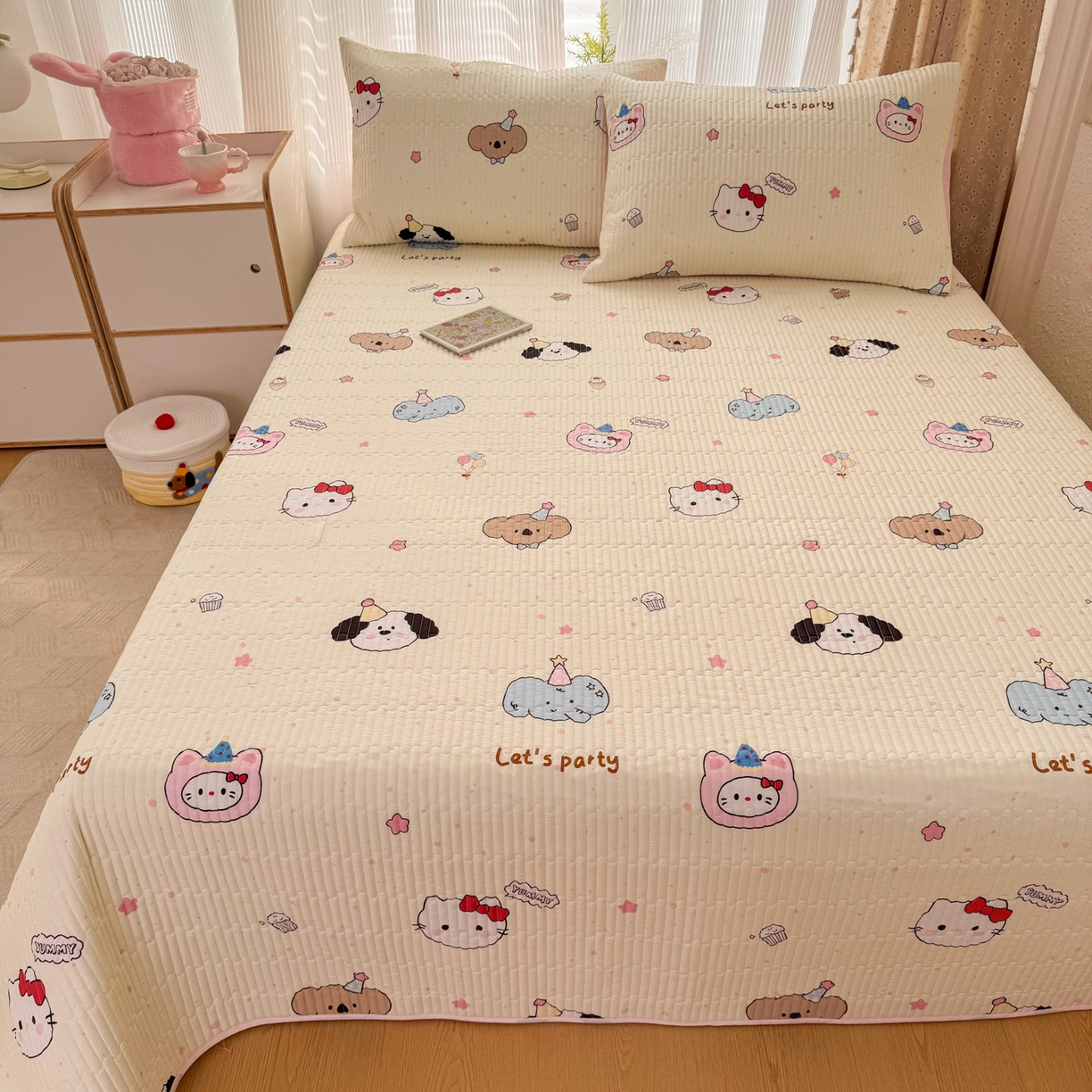 91家纺网 家纺一手货源 找家纺 KA家纺 2026春夏新款小清新全棉纯棉印花床盖三件套-第一波 爱心小猫