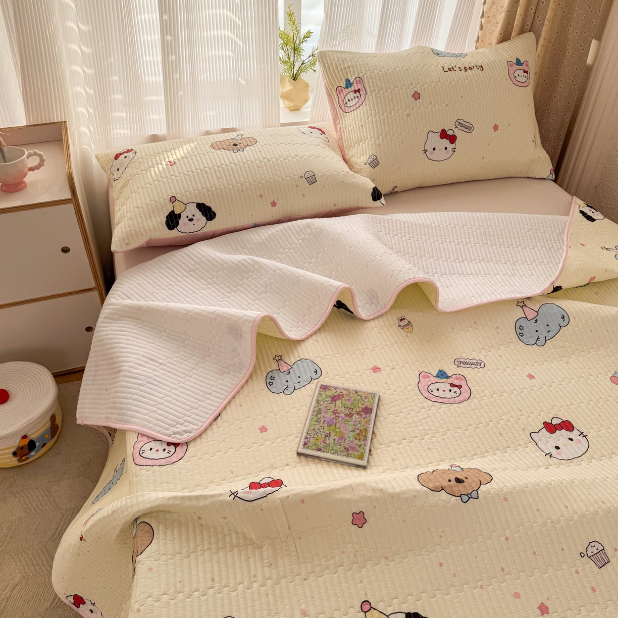 91家纺网 家纺一手货源 找家纺 KA家纺 2026春夏新款小清新全棉纯棉印花床盖三件套-第一波 爱心小猫