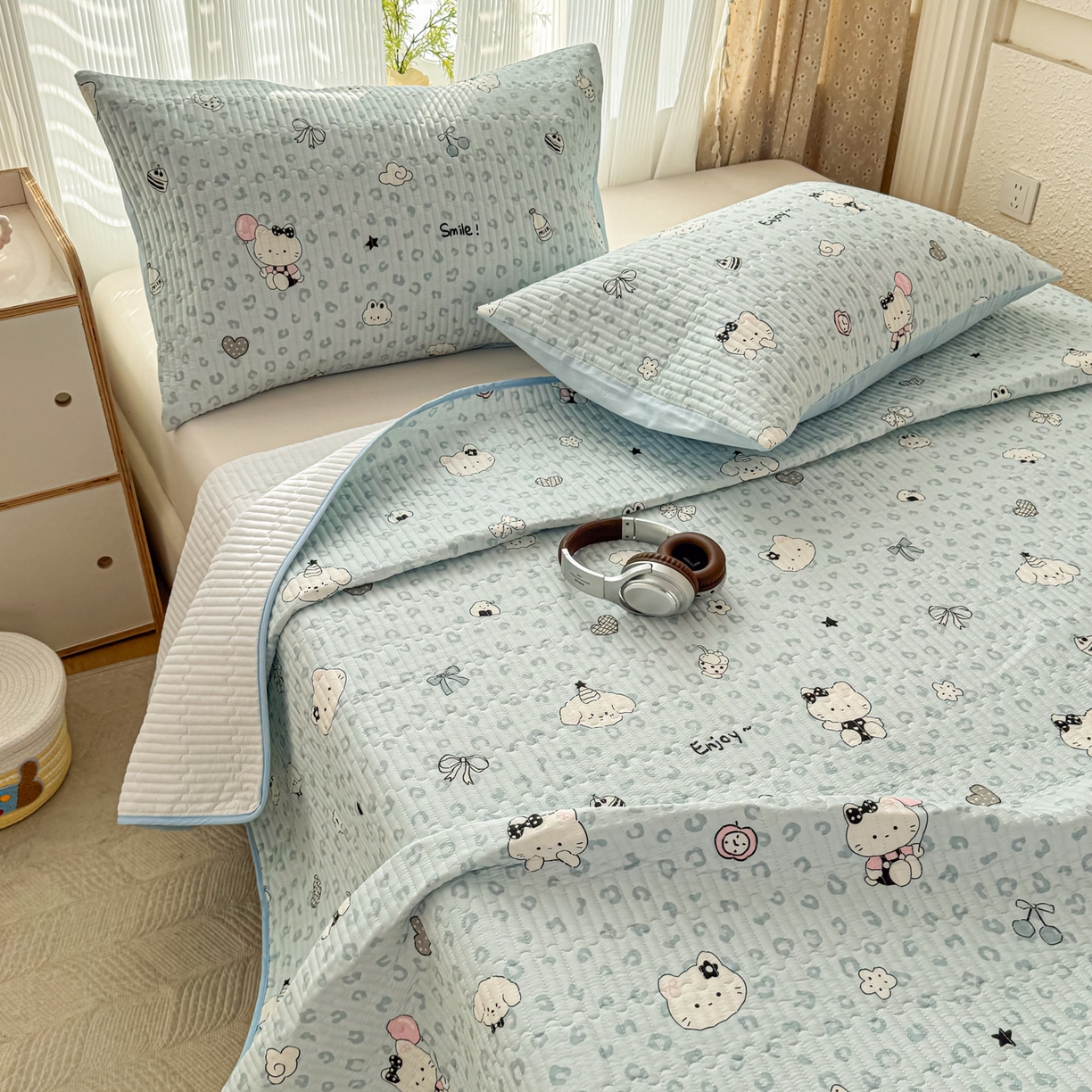 KA家纺 2026春夏新款小清新全棉纯棉印花床盖三件套-第一波 豹纹猫咪