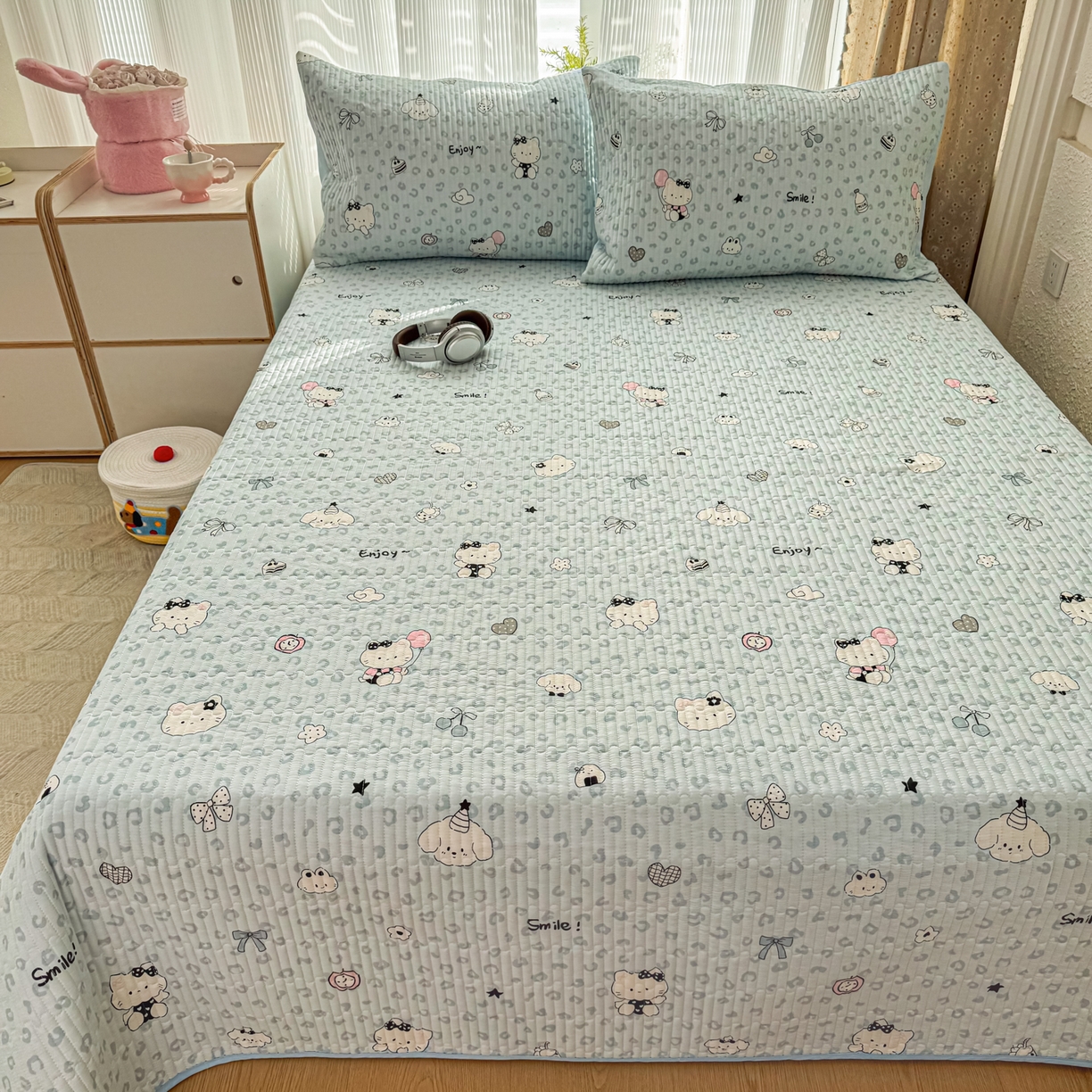 91家纺网 家纺一手货源 找家纺 KA家纺 2026春夏新款小清新全棉纯棉印花床盖三件套-第一波 豹纹猫咪