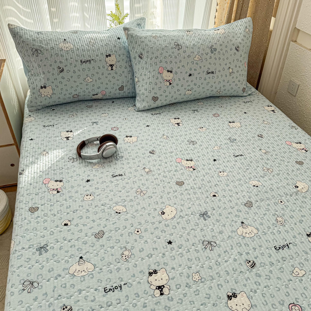 91家纺网 家纺一手货源 找家纺 KA家纺 2026春夏新款小清新全棉纯棉印花床盖三件套-第一波 豹纹猫咪