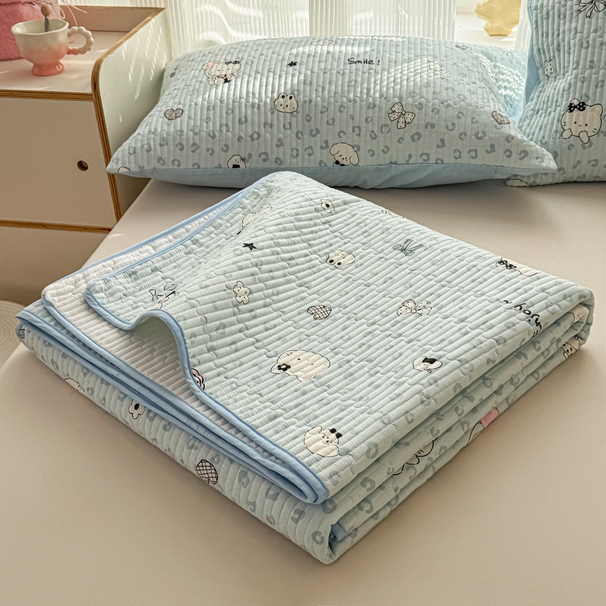 91家纺网 家纺一手货源 找家纺 KA家纺 2026春夏新款小清新全棉纯棉印花床盖三件套-第一波 豹纹猫咪