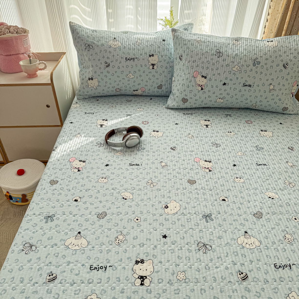 91家纺网 家纺一手货源 找家纺 KA家纺 2026春夏新款小清新全棉纯棉印花床盖三件套-第一波 豹纹猫咪