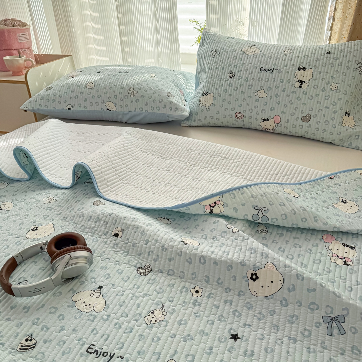 91家纺网 家纺一手货源 找家纺 KA家纺 2026春夏新款小清新全棉纯棉印花床盖三件套-第一波 豹纹猫咪