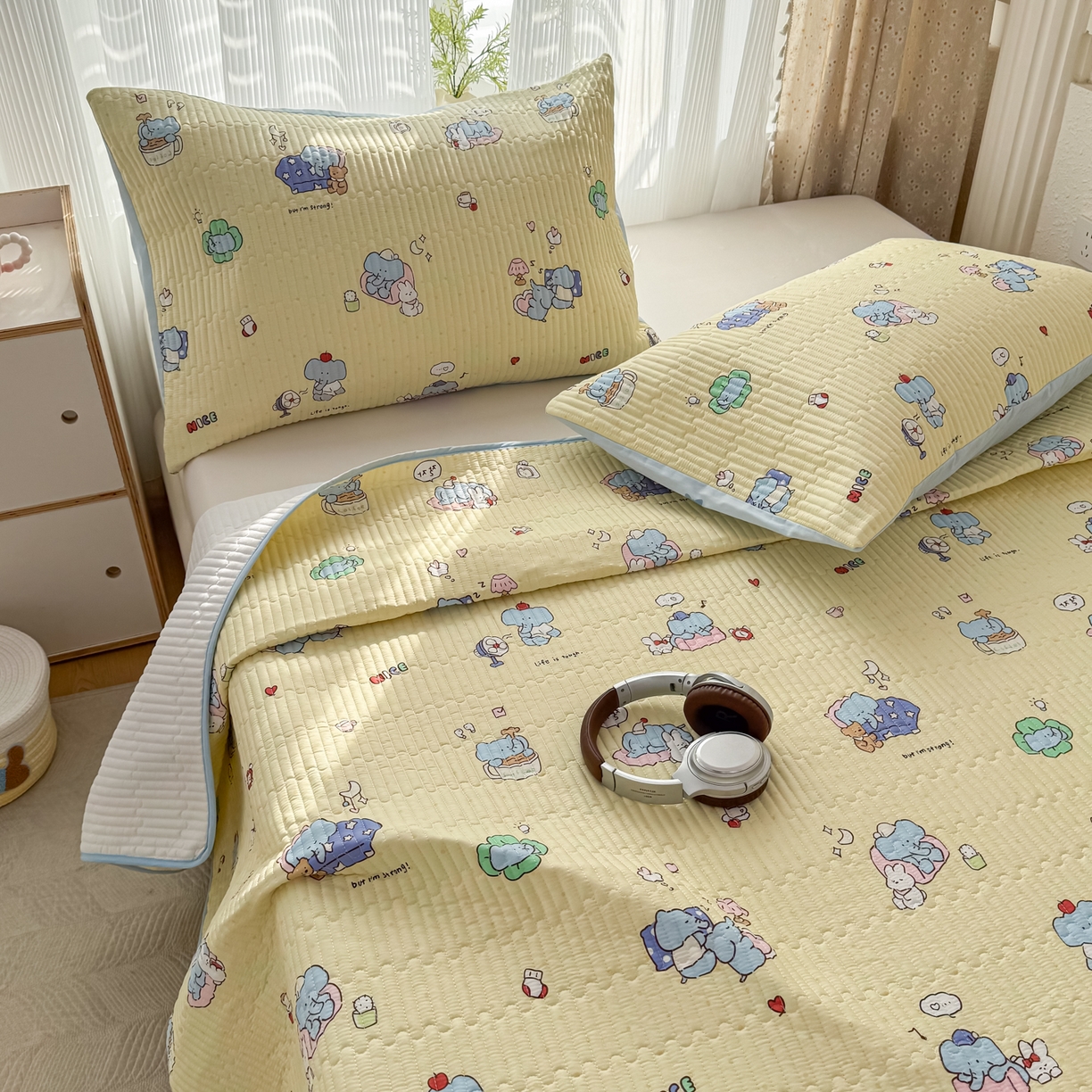 KA家纺 2026春夏新款小清新全棉纯棉印花床盖三件套-第一波 笨笨象