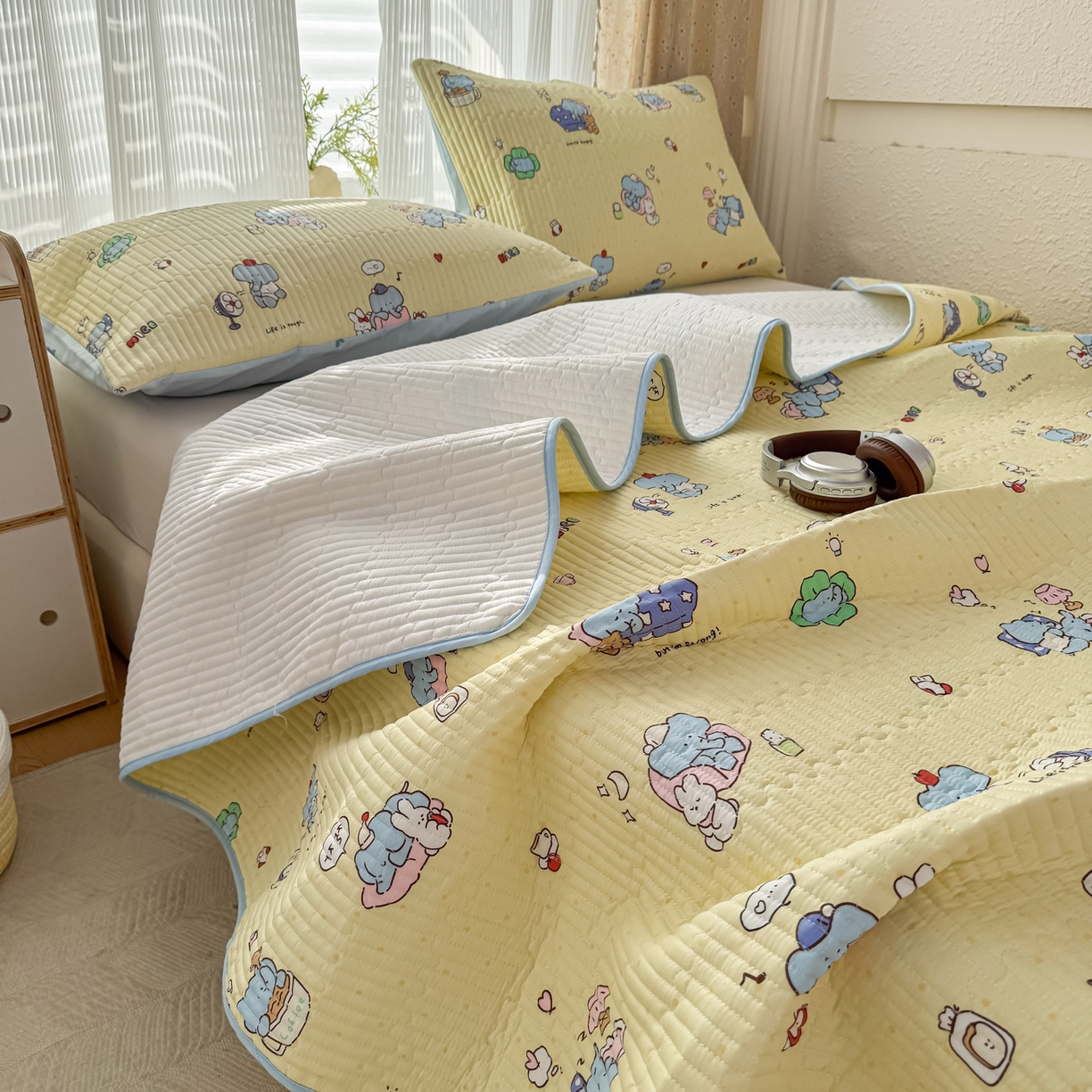 91家纺网 家纺一手货源 找家纺 KA家纺 2026春夏新款小清新全棉纯棉印花床盖三件套-第一波 笨笨象