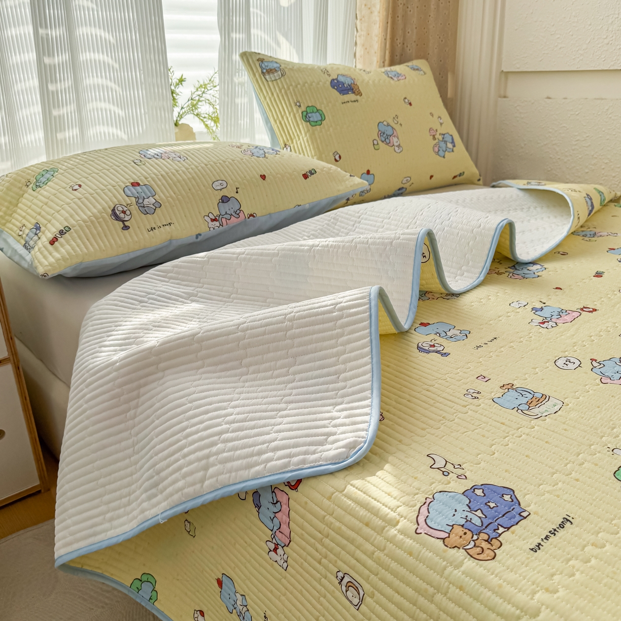 91家纺网 家纺一手货源 找家纺 KA家纺 2026春夏新款小清新全棉纯棉印花床盖三件套-第一波 笨笨象