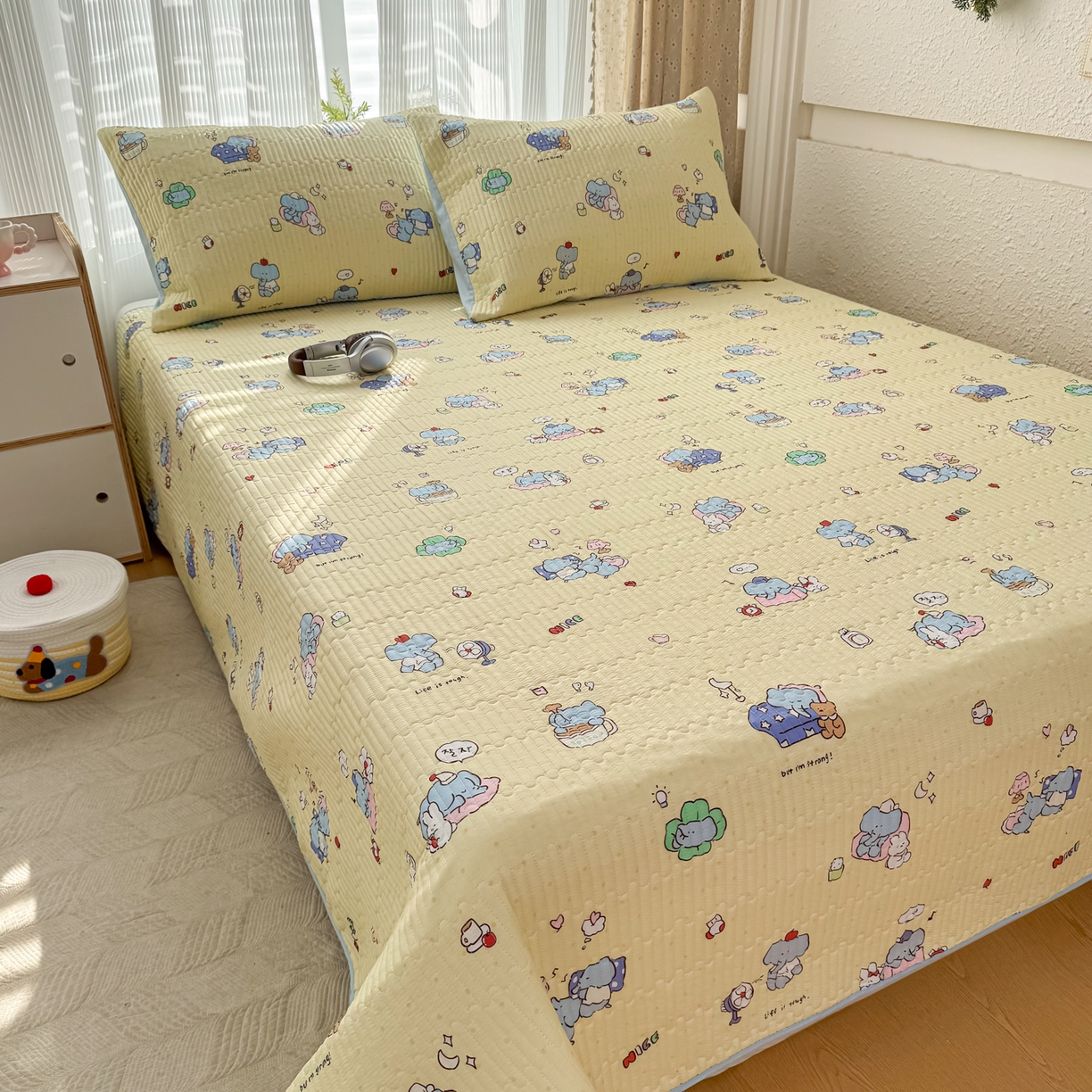 91家纺网 家纺一手货源 找家纺 KA家纺 2026春夏新款小清新全棉纯棉印花床盖三件套-第一波 笨笨象