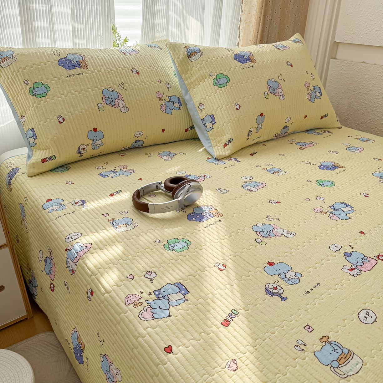 91家纺网 家纺一手货源 找家纺 KA家纺 2026春夏新款小清新全棉纯棉印花床盖三件套-第一波 笨笨象