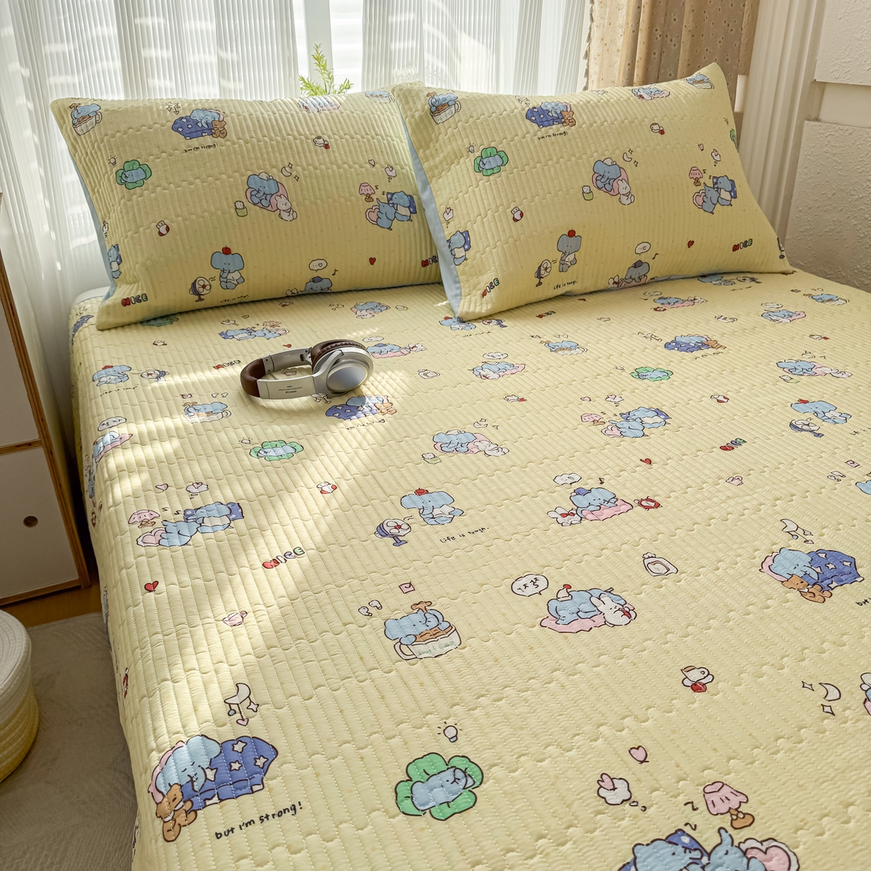 91家纺网 家纺一手货源 找家纺 KA家纺 2026春夏新款小清新全棉纯棉印花床盖三件套-第一波 笨笨象