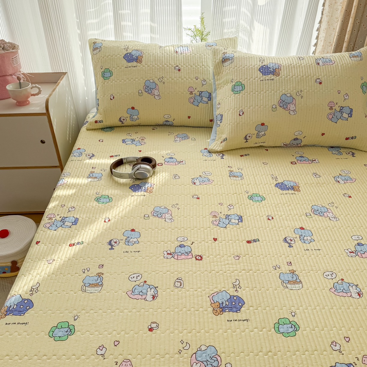 91家纺网 家纺一手货源 找家纺 KA家纺 2026春夏新款小清新全棉纯棉印花床盖三件套-第一波 笨笨象